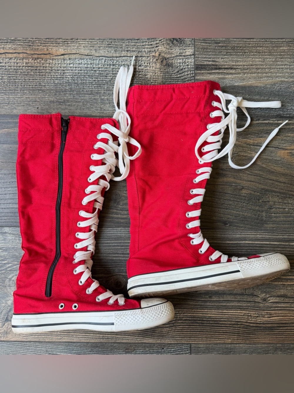 Red Canvas Lace-Up Boots
